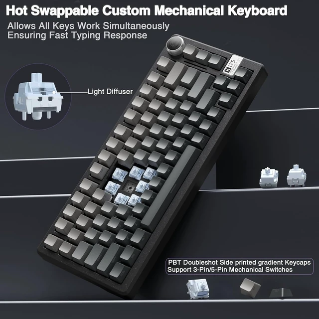 Alt view image 5 of 7 - SOLAKAKA KI75 Wireless Mechanical Gaming Keyboard, 75% Percent Aluminum Hot Swappable Switches, Side-Printed RGB Backlit Custom Keyboard with Knob, Tri-Mode 2.4GHz/USB-C/BT 5.0 for PC