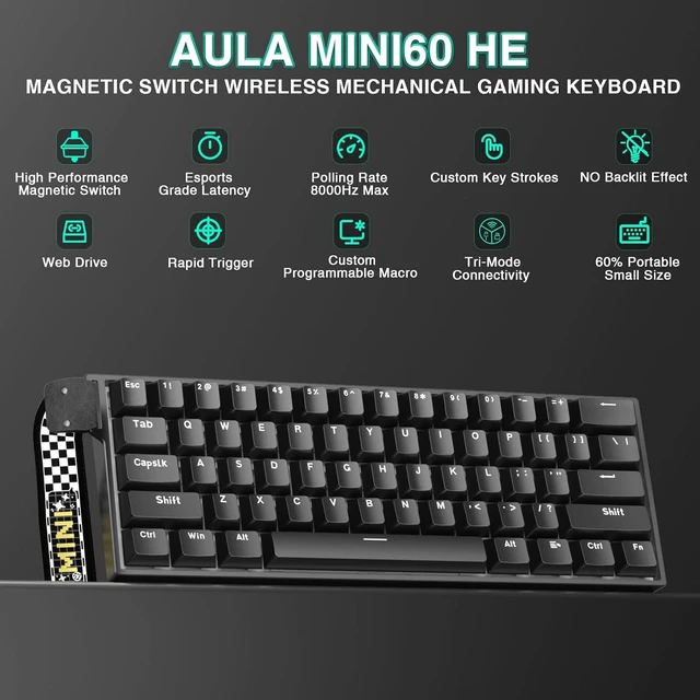 Alt view image 2 of 7 - Aula MINI60 HE Wireless Gaming Keyboard 60%,Hall Effect Rapid Trigger Magnetic Keyboard,8000Hz Polling,Tri-Mode(BT5.0/2.4GHz/USB-C),Hot Swappable Compact Mechanical Keyboard for Gamer(Black)