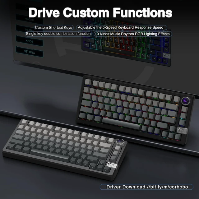 Alt view image 7 of 7 - SOLAKAKA KI75 Wireless Mechanical Gaming Keyboard, 75% Percent Aluminum Hot Swappable Switches, Side-Printed RGB Backlit Custom Keyboard with Knob, Tri-Mode 2.4GHz/USB-C/BT 5.0 for PC