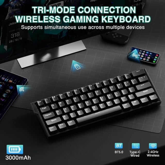 Alt view image 5 of 7 - Aula MINI60 HE Wireless Gaming Keyboard 60%,Hall Effect Rapid Trigger Magnetic Keyboard,8000Hz Polling,Tri-Mode(BT5.0/2.4GHz/USB-C),Hot Swappable Compact Mechanical Keyboard for Gamer(Black)