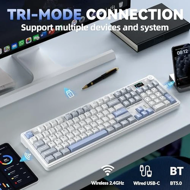 Alt view image 3 of 7 - LINGBAO K108 Pro and Mouse Combo, Tri-Mode 2.4GHz/BT/Wired USB Rechargeable Creamy Keyboard with Number Pad+ SM850 Wireless Gaming Mouse Programmable Buttons,24000 DPI Adjustable for PC/Mac