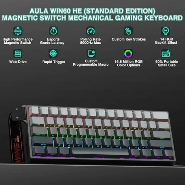 Alt view image 2 of 7 - Aula WIN60 HE - 60% Mechanical Gaming Keyboard Wired, Hall Effect Magnetic Switch Keyboard+SM802 Wireless Gaming Mouse,24,000 DPI Max,Lightweight Computer Mouse for Laptop/PC