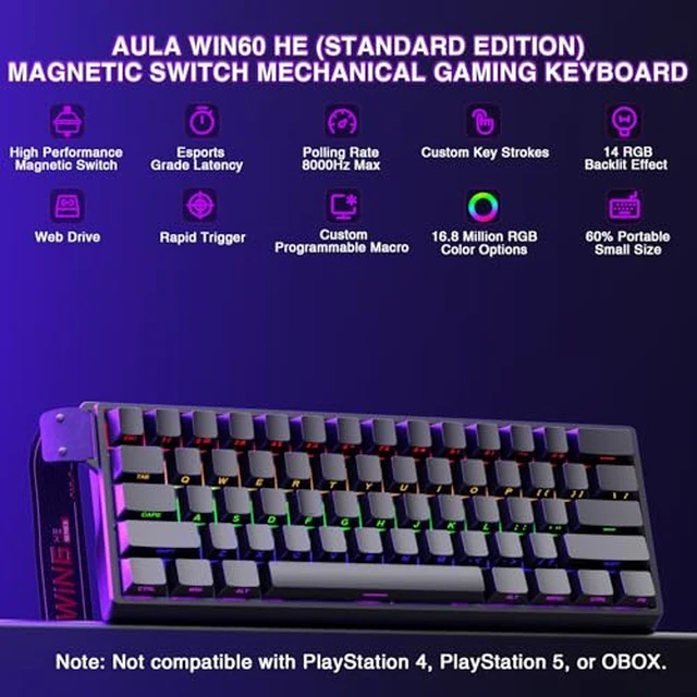 Alt view image 2 of 7 - Aula WIN60 HE - 60% Mechanical Gaming Keyboard Wired, Hall Effect Magnetic Switch Keyboard+SM802 Wireless Gaming Mouse,24,000 DPI Max,Lightweight Computer Mouse for Laptop/PC