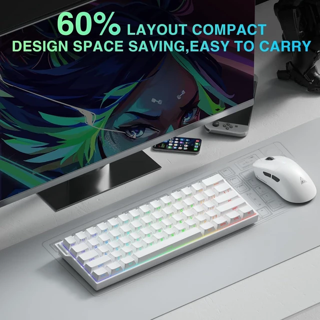 Alt view image 4 of 7 - Aula MINI60 HE PRO Wireless Gaming Keyboard 60%,Hall Effect Rapid Trigger Magnetic Keyboard,8000Hz Polling,Tri-Mode(BT5.0/2.4GHz/USB-C),RGB Hot Swappable Compact Mechanical Keyboard for Gamer(White)