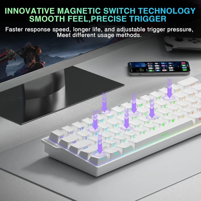 Alt view image 5 of 7 - Aula MINI60 HE PRO Wireless Gaming Keyboard 60%,Hall Effect Rapid Trigger Magnetic Keyboard,8000Hz Polling,Tri-Mode(BT5.0/2.4GHz/USB-C),RGB Hot Swappable Compact Mechanical Keyboard for Gamer(White)