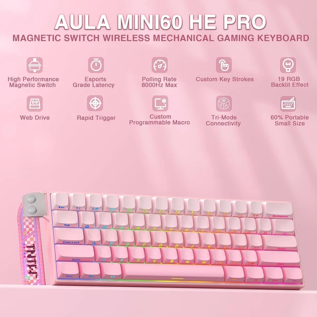 Alt view image 2 of 7 - Aula MINI60 HE PRO Wireless Gaming Keyboard 60%,Hall Effect Rapid Trigger Magnetic Keyboard,8000Hz Polling,Tri-Mode(BT5.0/2.4GHz/USB-C),RGB Hot Swappable Compact Pink Mechanical Keyboard for Gamer
