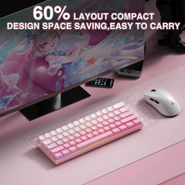 Alt view image 4 of 7 - Aula MINI60 HE PRO Wireless Gaming Keyboard 60%,Hall Effect Rapid Trigger Magnetic Keyboard,8000Hz Polling,Tri-Mode(BT5.0/2.4GHz/USB-C),RGB Hot Swappable Compact Pink Mechanical Keyboard for Gamer