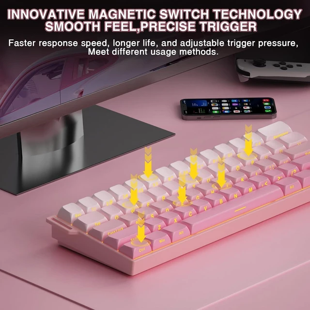 Alt view image 6 of 7 - Aula MINI60 HE PRO Wireless Gaming Keyboard 60%,Hall Effect Rapid Trigger Magnetic Keyboard,8000Hz Polling,Tri-Mode(BT5.0/2.4GHz/USB-C),RGB Hot Swappable Compact Pink Mechanical Keyboard for Gamer