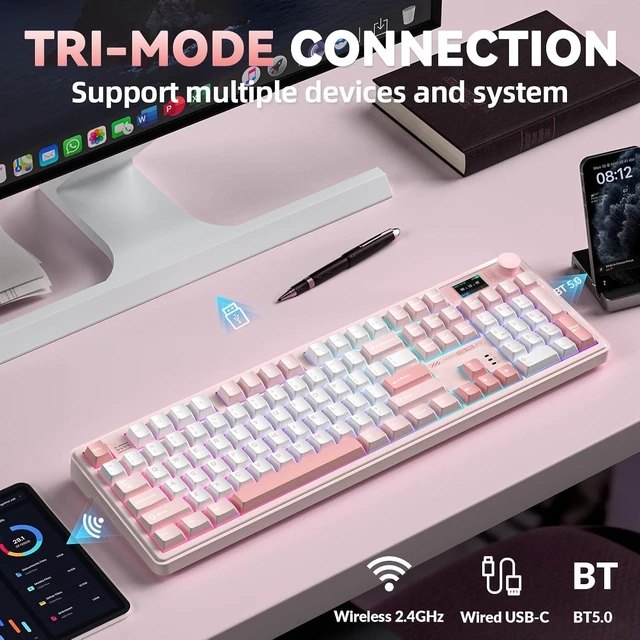 Alt view image 3 of 7 - LINGBAO K108 Pro Wireless Mechanical Pink Creamy Keyboard with Number Pad