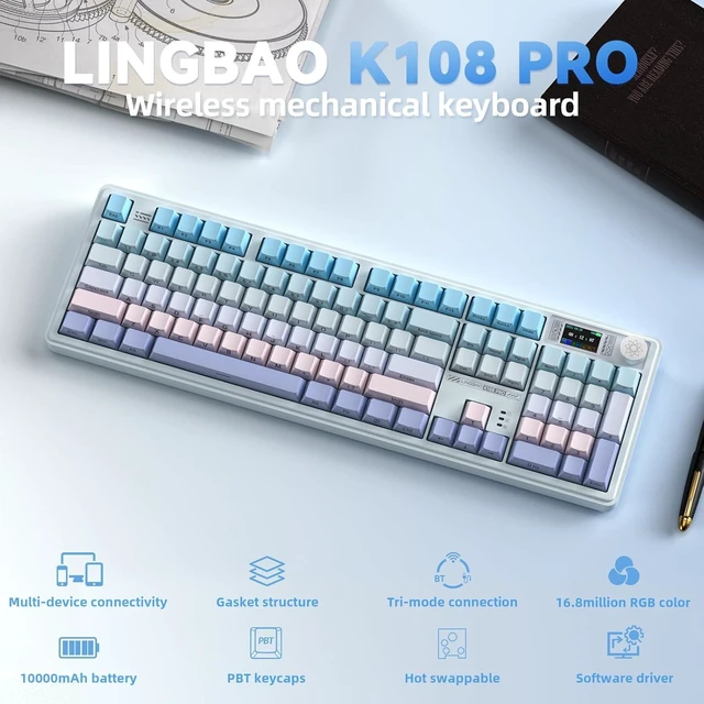Alt view image 2 of 7 - LINGBAO K108 Pro Wireless Mechanical Creamy Keyboard with Number Pad & Knob