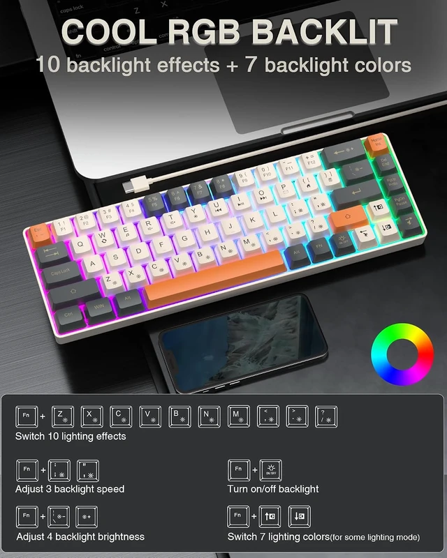 Alt view image 2 of 7 - 60 Percent Keyboard RGB Backlit Gaming Keyboard USB-C Wired 68 Keys