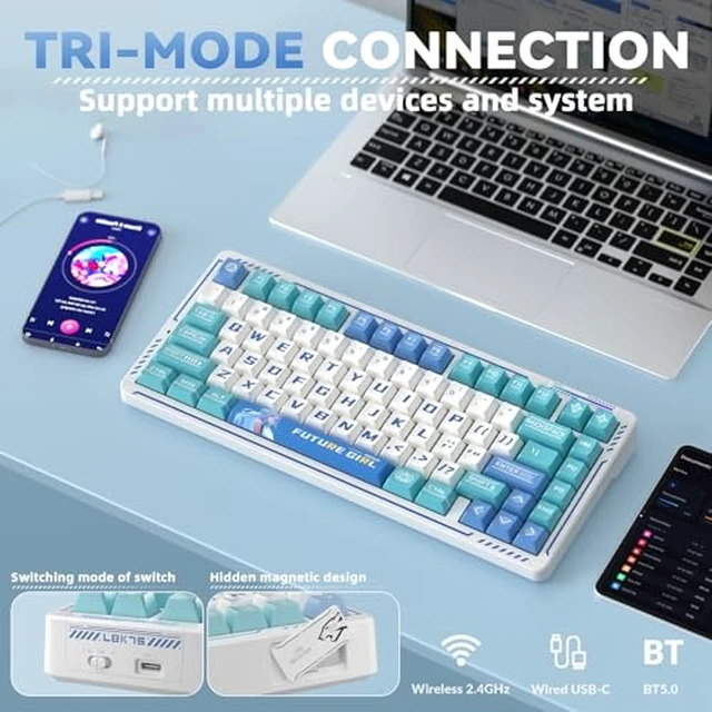 Alt view image 3 of 7 - LINGBAO K75 Wireless Mechanical Keyboard,75% Anime Gaming Keyboard,Tri-Mode 2.4GHz/BT/Wired Rechargeable Keyboard+ SM802 Wireless Gaming Mouse,24,000 DPI Max,Lightweight Computer Mouse for Laptop/PC