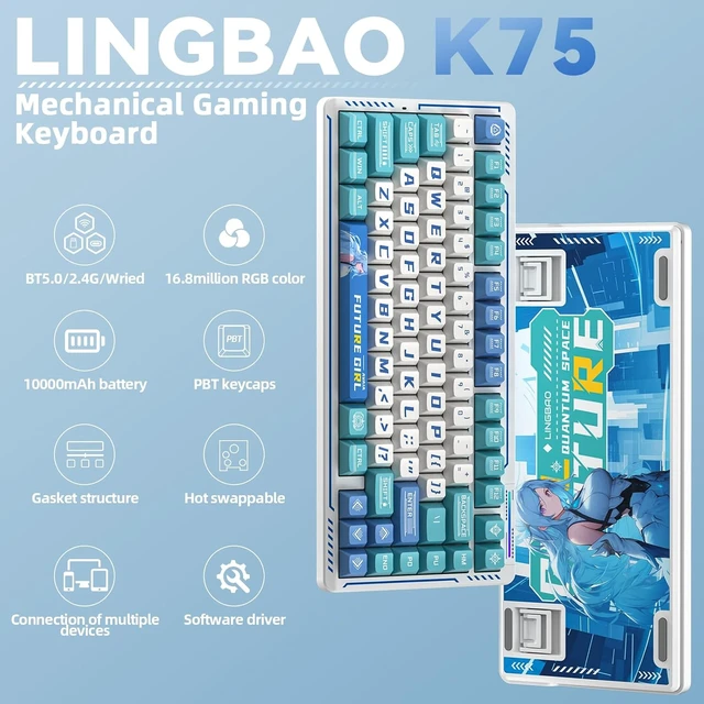 Alt view image 2 of 7 - LINGBAO K75 Wireless Mechanical Keyboard,75% Anime Gaming Keyboard,Tri-Mode 2.4GHz/BT/Wired Rechargeable Keyboard+ SM802 Wireless Gaming Mouse,24,000 DPI Max,Lightweight Computer Mouse for Laptop/PC