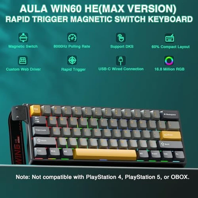 Alt view image 2 of 7 - Aula WIN60 HE MAX- 60% Mechanical Gaming Keyboard Wired, Hall Effect Magnetic Switch Keyboard+SM802 Wireless Gaming Mouse,24,000 DPI Max,Lightweight Computer Mouse for Laptop/PC