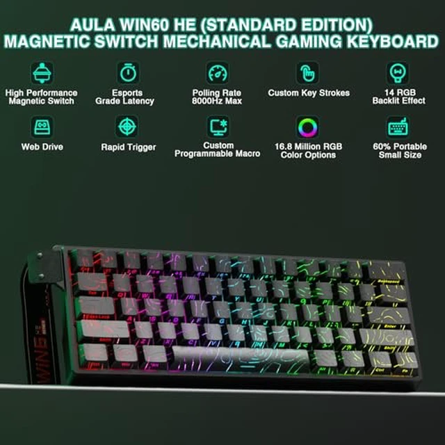Alt view image 2 of 7 - Aula WIN60 HE - 60% Mechanical Gaming Keyboard Wired, Hall Effect Magnetic Switch Keyboard+SM802 Wireless Gaming Mouse,24,000 DPI Max,Lightweight Computer Mouse for Laptop/PC