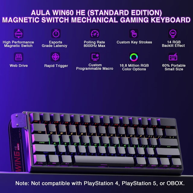 Alt view image 2 of 7 - Aula WIN60 HE - 60% Mechanical Gaming Keyboard Wired, Hall Effect Magnetic Switch Keyboard+SM802 Wireless Gaming Mouse,24,000 DPI Max,Lightweight Computer Mouse for Laptop/PC