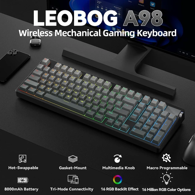 Alt view image 2 of 7 - LEOBOG A98 Wireless Mechanical Keyboard and Mouse Combo, RGB Backlit Rechargeable 8000mAh Battery, Creamy Keyboard with Number Pad+ 2400DPI Mice, Programmable Keyboard Mouse with Software for PC Gamer