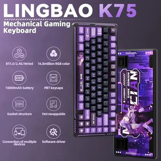 Alt view image 2 of 7 - LINGBAO K75 Wireless Mechanical Keyboard,75% Anime Gaming Keyboard,Tri-Mode 2.4GHz/BT/Wired Rechargeable Keyboard+ SM802 Wireless Gaming Mouse,24,000 DPI Max,Lightweight Computer Mouse for Laptop/PC