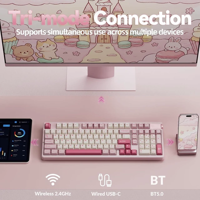 Alt view image 3 of 7 - LEOBOG A98 Wireless Mechanical Keyboard, Tri-Mode BT5.0/2.4GHz/USB-C, Creamy Keyboard with Number Pad +SOLAKAKA SM850 Gaming Mouse Wireless, 24000 DPI, 55g Lightweight Mouse Gaming, 6 Programmable But