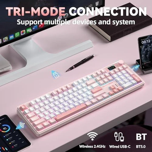 Alt view image 3 of 7 - LINGBAO K108 Pro and Mouse Combo, Tri-Mode 2.4GHz/BT/Wired USB Rechargeable Creamy Keyboard with Number Pad+ SM850 Wireless Gaming Mouse Programmable Buttons,24000 DPI Adjustable for PC/Mac