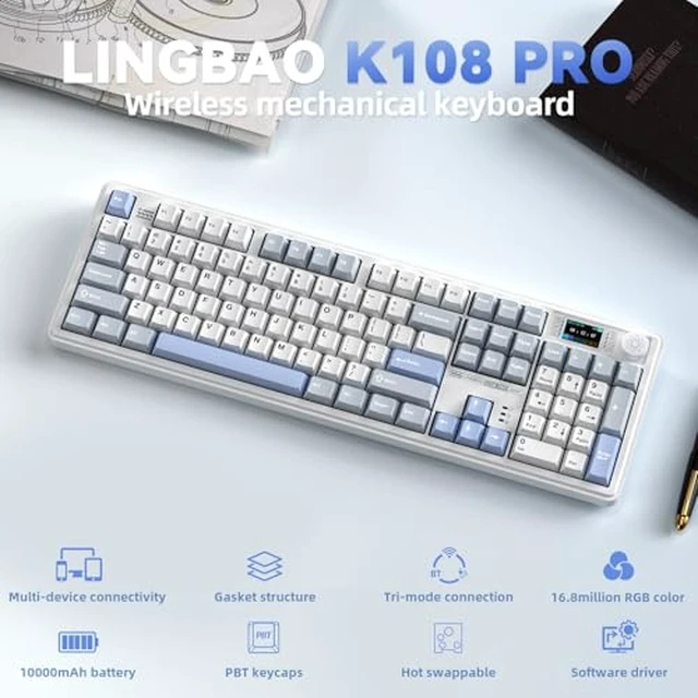 Alt view image 2 of 7 - LINGBAO K108 Pro And Mouse Combo, Tri-Mode 2.4GHz/BT/Wired USB Rechargeable Creamy Keyboard with Number Pad+ SM802 Wireless Gaming Mouse,24,000 DPI Max68g Lightweight Computer Mouse for Laptop