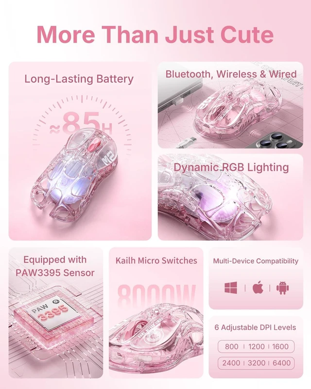Alt view image 6 of 6 - Mercury M2 Wireless Gaming Mouse, Hollowed-Out Design, 1K Polling