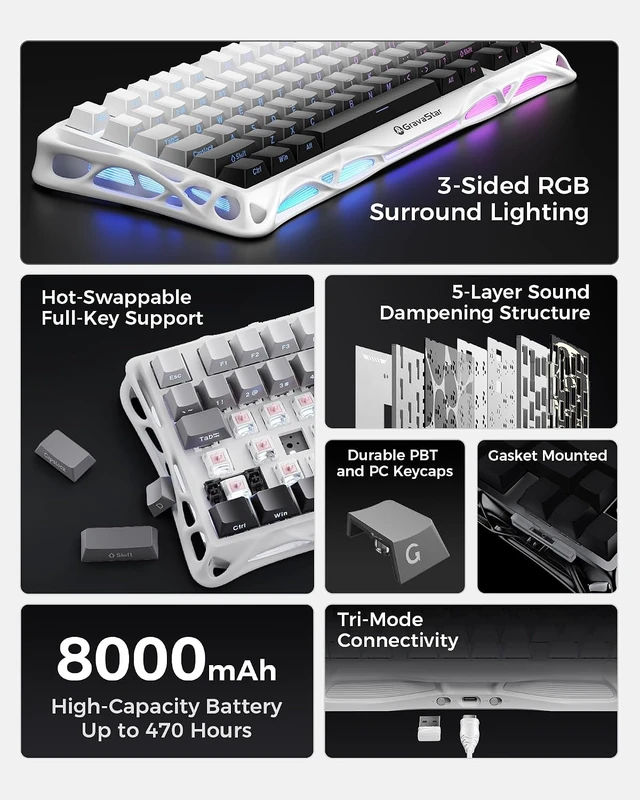 Alt view image 6 of 7 - Mercury K1 75% Wireless Mechanical Gaming Keyboard RGB Backlit