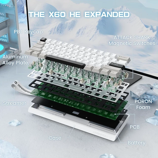 Alt view image 6 of 7 - MAMBASNAKE X60HE Wireless 8K Mechanical Keyboard-White+8Keycap