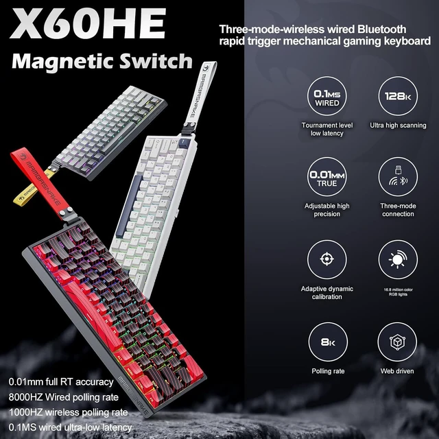 Alt view image 2 of 7 - MAMBASNAKE X60HE Wireless 8K Mechanical Keyboard-White+8Keycap