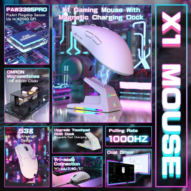 Alt view image 2 of 7 - X1 Ultralight Tri Mode Wireless 40000 DPI Gaming Mouse-White