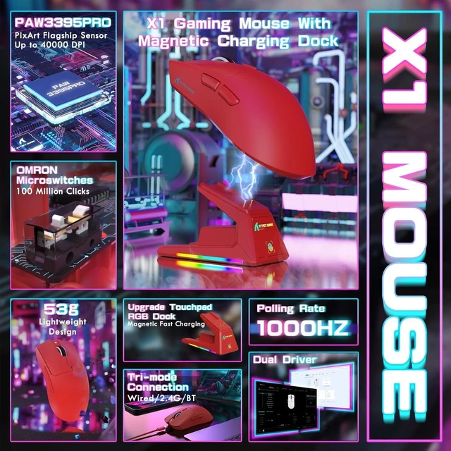 Alt view image 2 of 7 - X1 Ultralight Tri Mode Wireless 40000 DPI Gaming Mouse-Red
