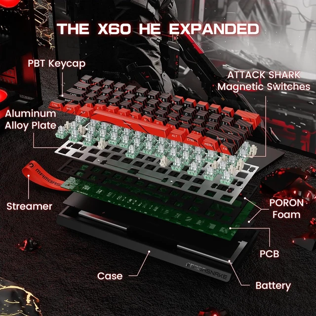 Alt view image 7 of 7 - MAMBASNAKE X60 HE Wireless 8K Mechanical RT Keyboard-Black Red