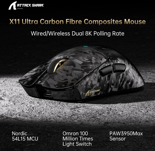 Alt view image 2 of 7 - X11 Ultra 8K Carbon Fiber Tri Mode Wireless Gaming Mouse-Black