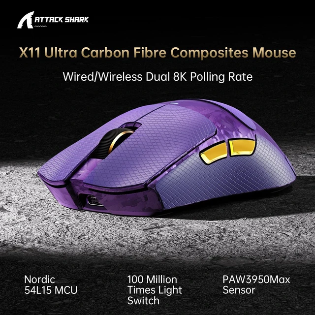 Alt view image 2 of 7 - X11Ultra 8K Carbon Fiber Tri Mode Wireless Gaming Mouse-Purple