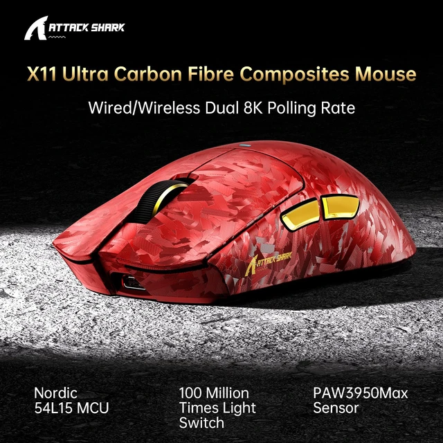 Alt view image 2 of 7 - X11 Ultra 8K Carbon Fiber Tri Mode Wireless Gaming Mouse-Red