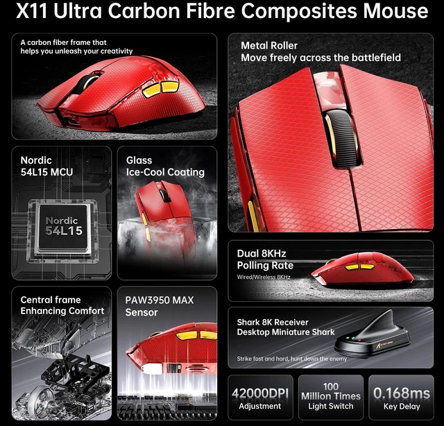 Alt view image 3 of 7 - X11 Ultra 8K Carbon Fiber Tri Mode Wireless Gaming Mouse-Red