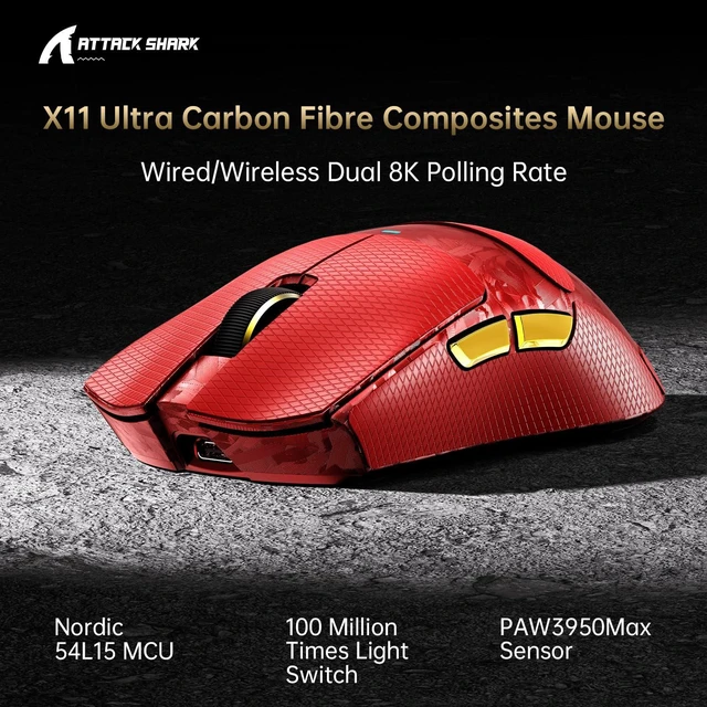 Alt view image 2 of 7 - X11 Ultra 8K Carbon Fiber Tri Mode Wireless Gaming Mouse-Red