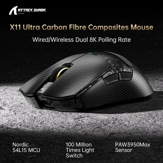 Alt view image 2 of 7 - X11 Ultra 8K Carbon Fiber Tri Mode Wireless Gaming Mouse-Black