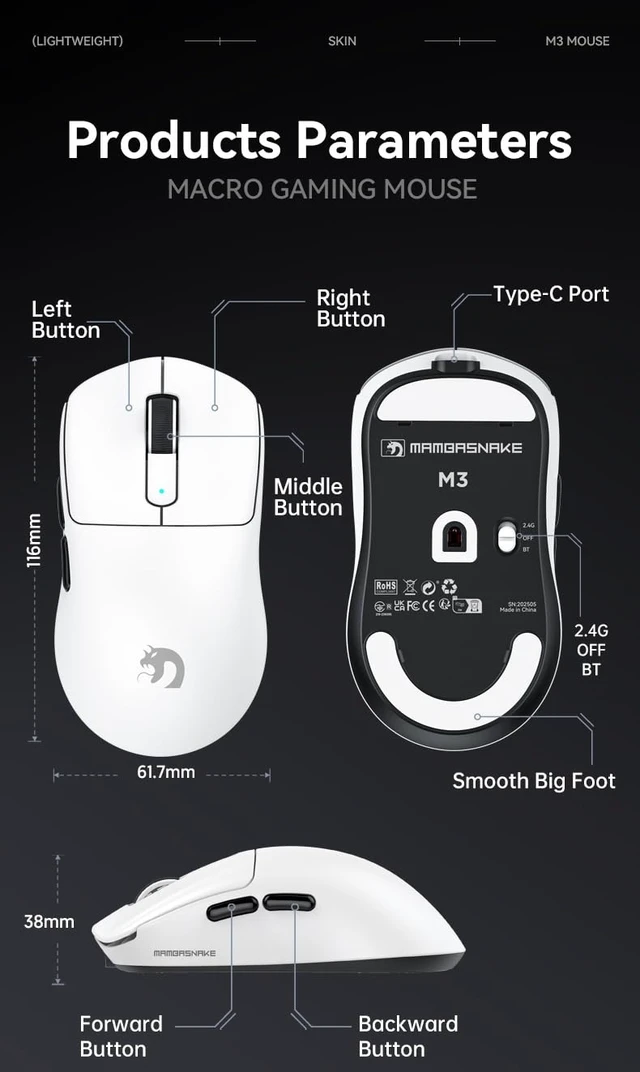 Alt view image 7 of 7 - M3 Ultralight 39g Tri Mode 40K DPI Wireless Gaming Mouse-White