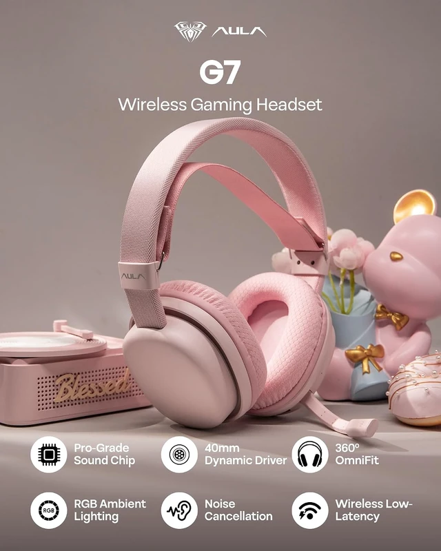 Alt view image 2 of 7 - Aula G7 Wireless Gaming Headset for PS4/PS5/PC/Switch, Over-Ear Headphones with Detachable Noise Canceling Mic, RGB, Surround Sound, 60H Battery, 2.4GHz/BT/Wired (Pink)