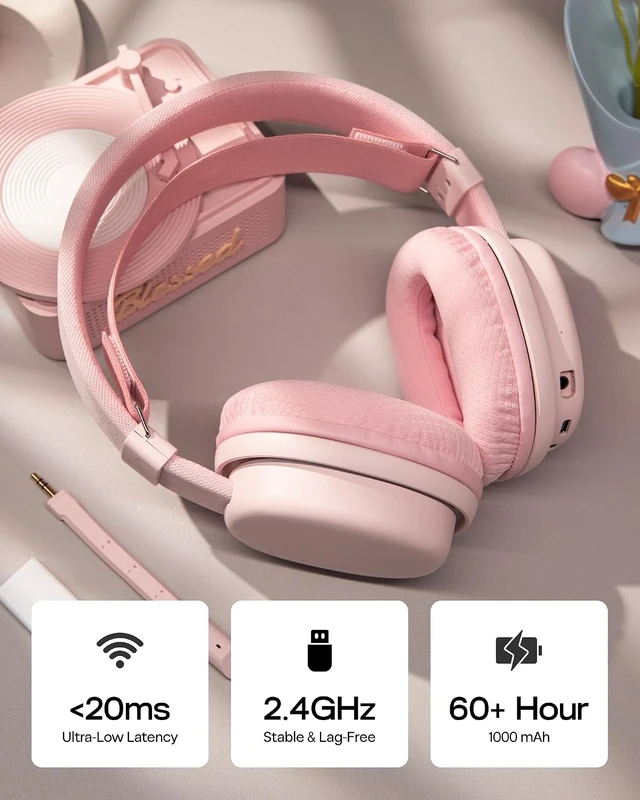 Alt view image 3 of 7 - Aula G7 Wireless Gaming Headset for PS4/PS5/PC/Switch, Over-Ear Headphones with Detachable Noise Canceling Mic, RGB, Surround Sound, 60H Battery, 2.4GHz/BT/Wired (Pink)