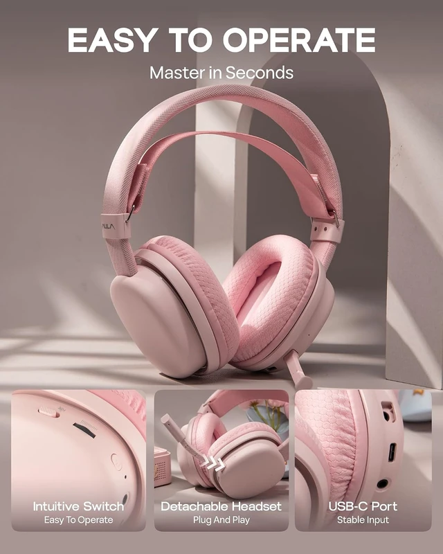 Alt view image 5 of 7 - Aula G7 Wireless Gaming Headset for PS4/PS5/PC/Switch, Over-Ear Headphones with Detachable Noise Canceling Mic, RGB, Surround Sound, 60H Battery, 2.4GHz/BT/Wired (Pink)