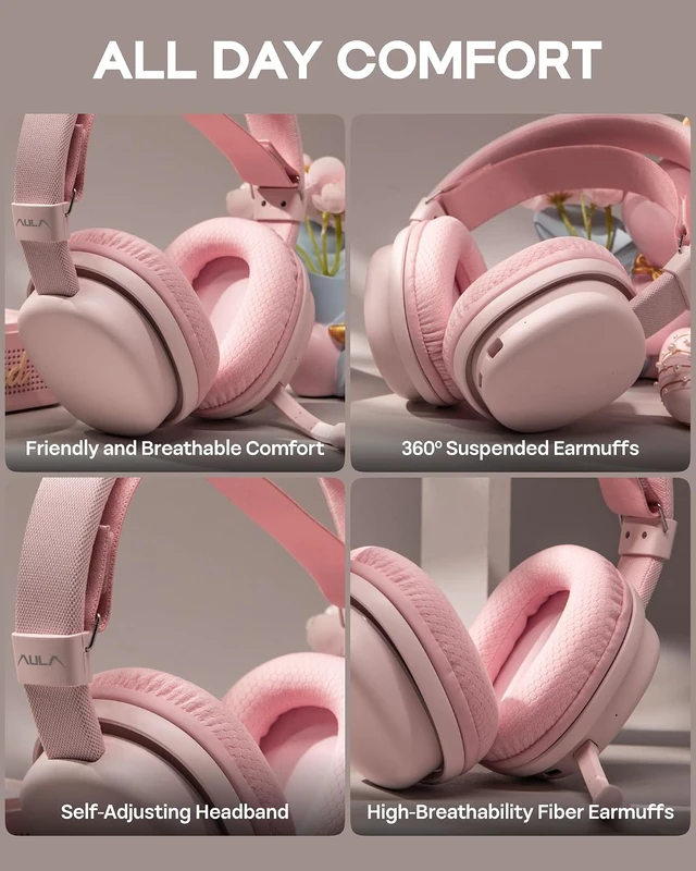 Alt view image 7 of 7 - Aula G7 Wireless Gaming Headset for PS4/PS5/PC/Switch, Over-Ear Headphones with Detachable Noise Canceling Mic, RGB, Surround Sound, 60H Battery, 2.4GHz/BT/Wired (Pink)
