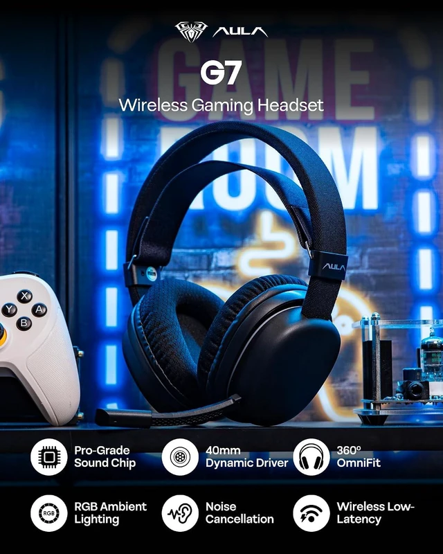 Alt view image 2 of 7 - Aula G7 Wireless Gaming Headset for PS4/PS5/PC/Switch, Over-Ear Headphones with Detachable Noise Canceling Mic, RGB, Surround Sound, 60H Battery, 2.4GHz/BT/Wired (Black)