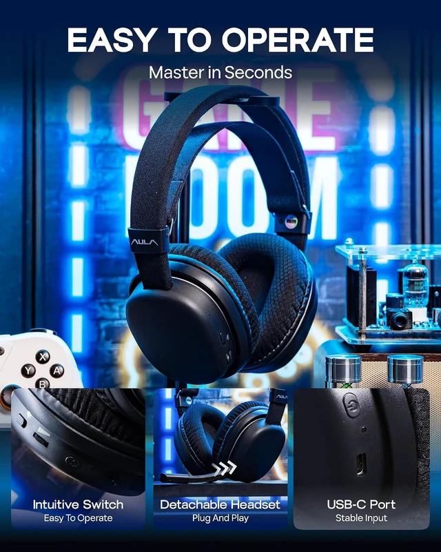 Alt view image 5 of 7 - Aula G7 Wireless Gaming Headset for PS4/PS5/PC/Switch, Over-Ear Headphones with Detachable Noise Canceling Mic, RGB, Surround Sound, 60H Battery, 2.4GHz/BT/Wired (Black)