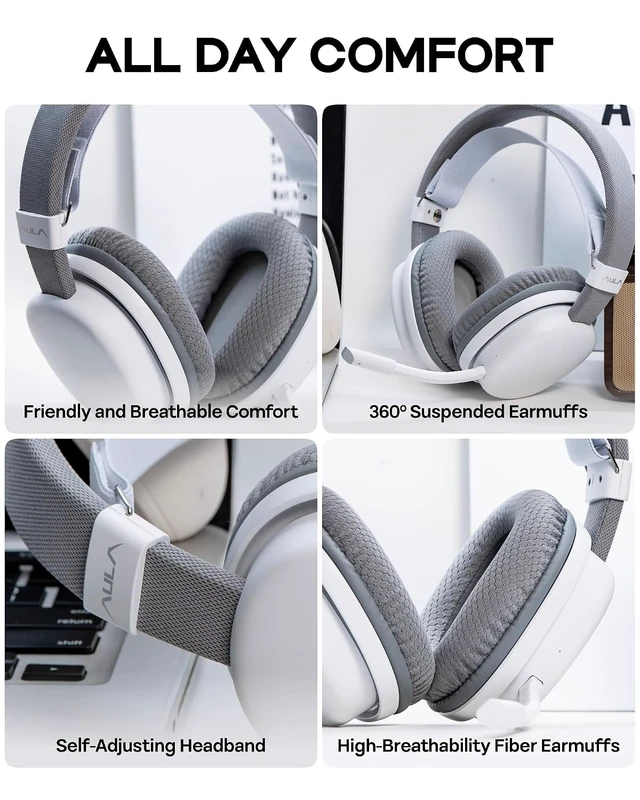 Alt view image 7 of 7 - Aula G7 Wireless Gaming Headset for PS4/PS5/PC/Switch, Over-Ear Headphones with Detachable Noise Canceling Mic, RGB, Surround Sound, 60H Battery, 2.4GHz/BT/Wired (White)
