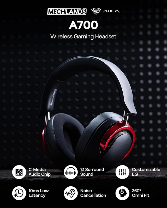 Alt view image 2 of 7 - Aula A700 Wireless Gaming Headset with 7.1 Surround Sound, 50mm Driver, 2.4GHz/BT/Wired, Gaming Headphone with Noise Canceling Mic, RGB Light, 40H Battery, for PS4/PS5/PC/Switch (Black Red)