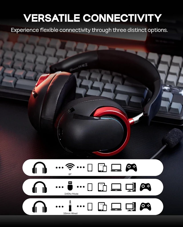 Alt view image 4 of 7 - Aula A700 Wireless Gaming Headset with 7.1 Surround Sound, 50mm Driver, 2.4GHz/BT/Wired, Gaming Headphone with Noise Canceling Mic, RGB Light, 40H Battery, for PS4/PS5/PC/Switch (Black Red)