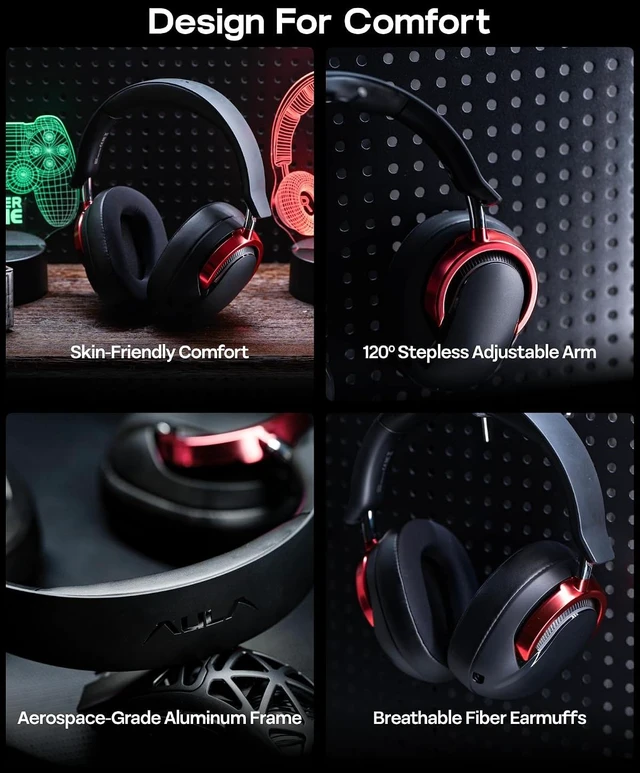 Alt view image 7 of 7 - Aula A700 Wireless Gaming Headset with 7.1 Surround Sound, 50mm Driver, 2.4GHz/BT/Wired, Gaming Headphone with Noise Canceling Mic, RGB Light, 40H Battery, for PS4/PS5/PC/Switch (Black Red)