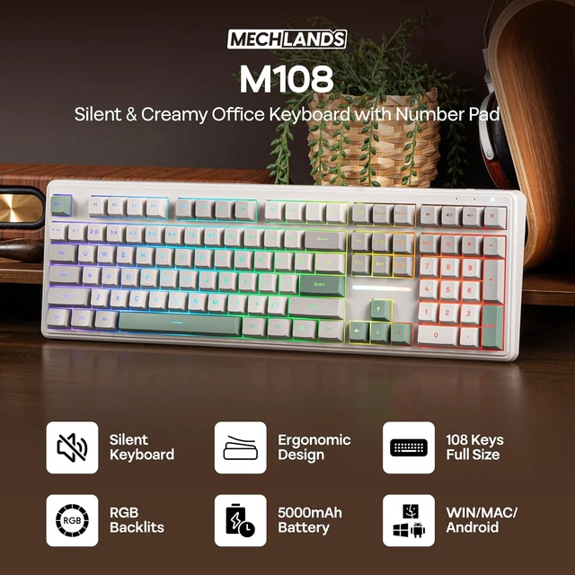 Alt view image 2 of 7 - M108 100% Full Size Silent Office Keyboard with Number Pad